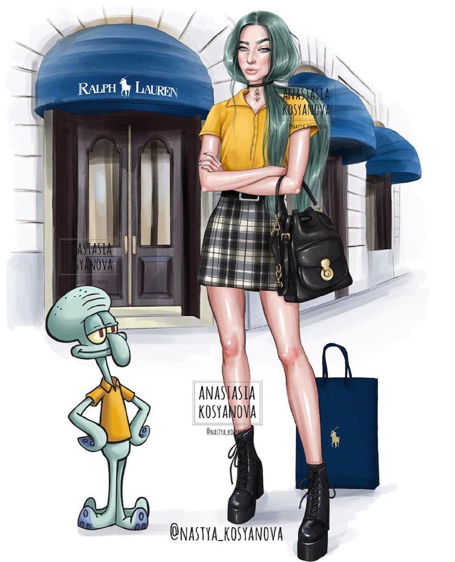 Calamardo  Fashion Illustrator hace que los personajes de dibujos animados sean elegantes y modernos 